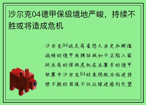 沙尔克04德甲保级境地严峻，持续不胜或将造成危机